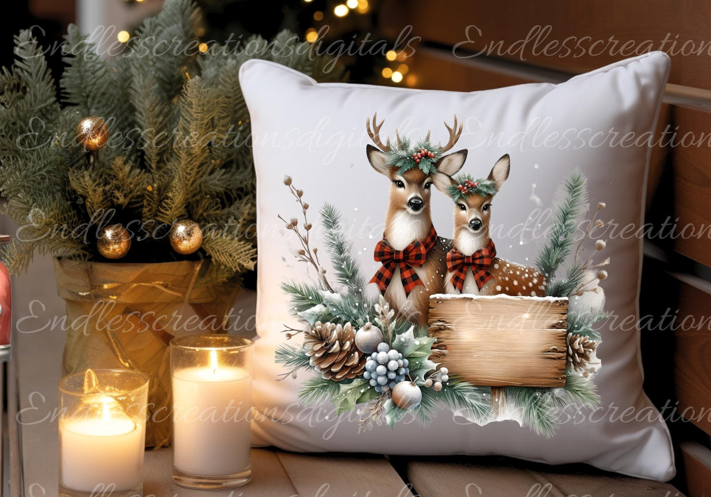 CHRISTMAS DEER PILLOW covers, tea towel, mugs, . sublimation package of 5 blanks add your own text high definition 300 Dpi, transparent,