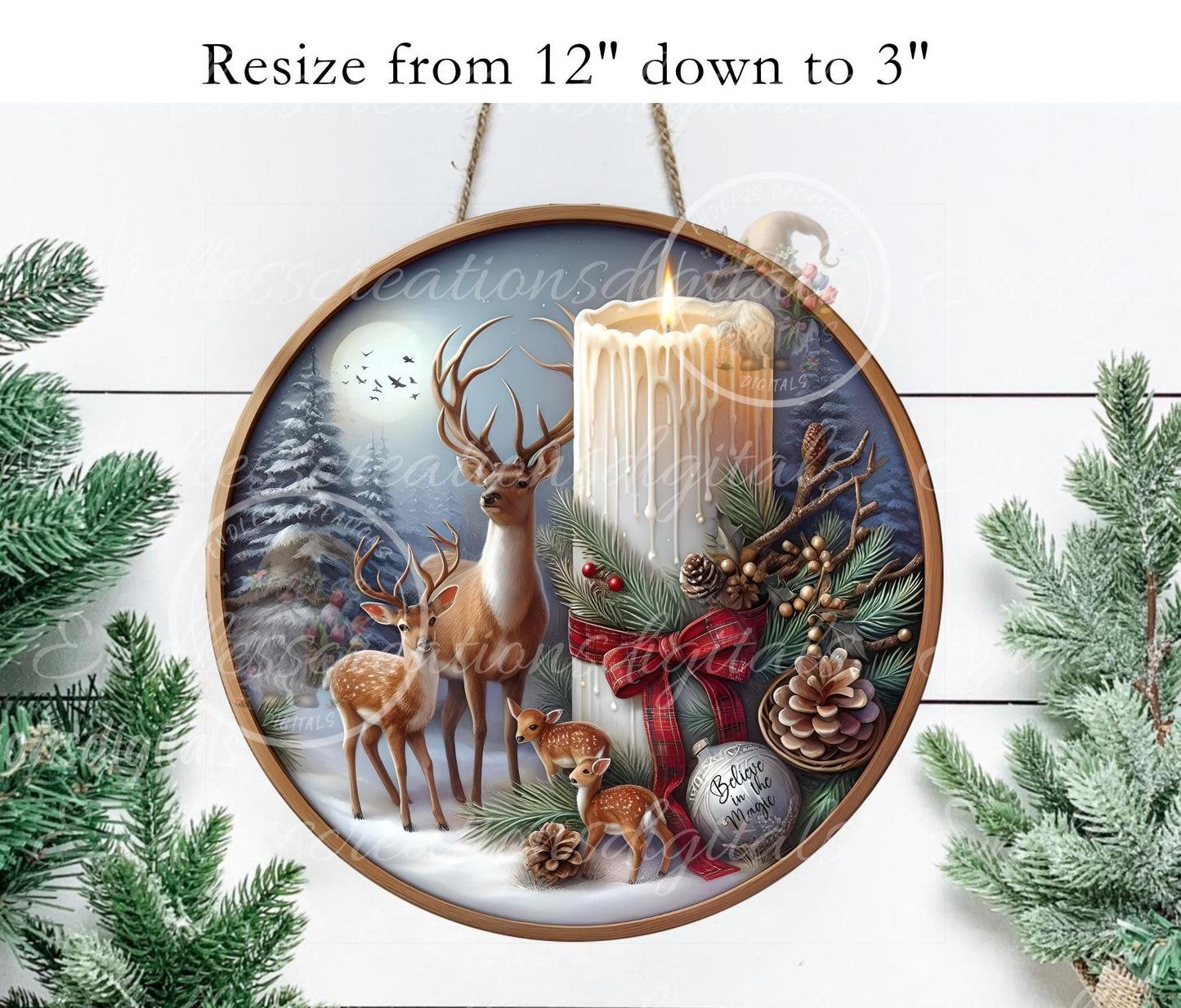 DEER CANDLE ROUND Door Hanger, cutting board, ornament sublimation high resolution 2 files for download 1 add your own text Resize