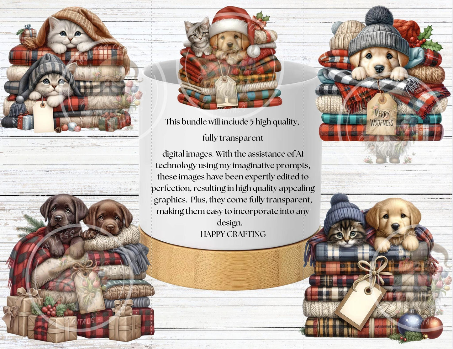 WINTER PUPPIES KITTENS Pillow covers, tea towel, mugs plant pots etc. sublimation 5 high definition 300 Dpi transparent, add your own text