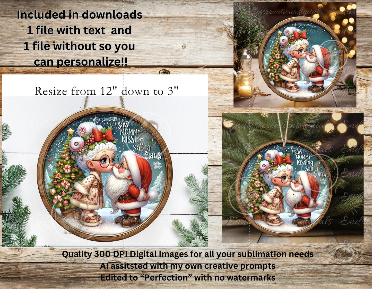 MOMMY KISSING SANTA Door Hanger, cutting board, ornament sublimation high resolution 2 files for download 1 add your own text Resize