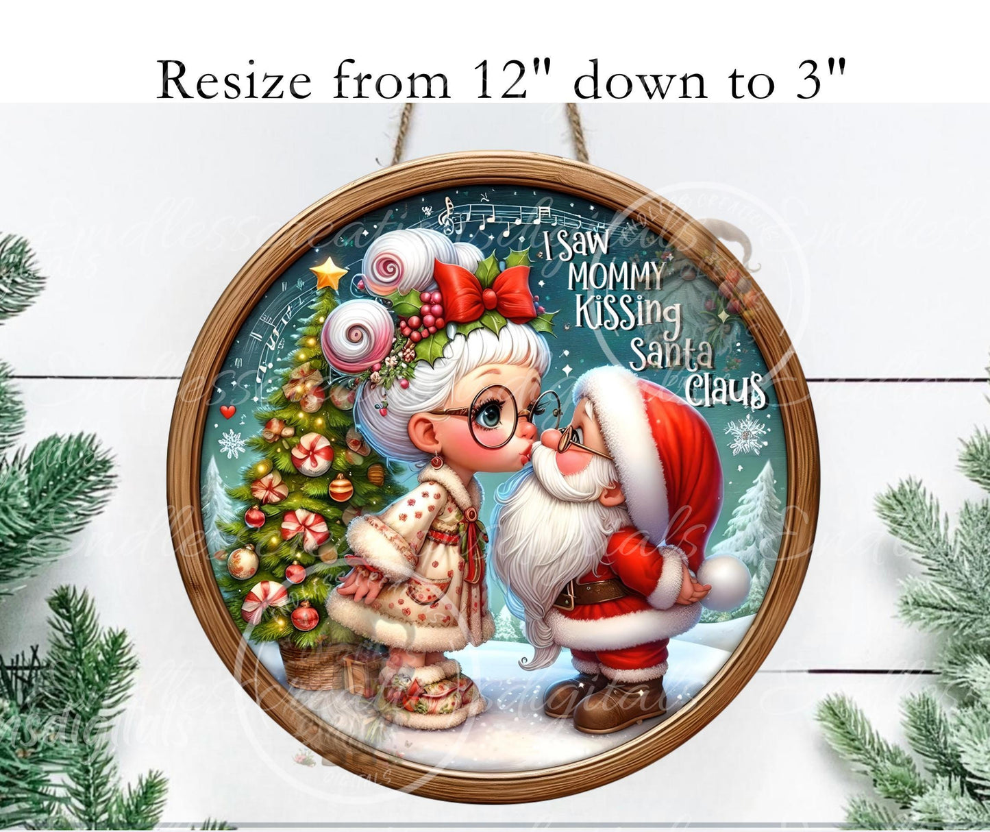 MOMMY KISSING SANTA Door Hanger, cutting board, ornament sublimation high resolution 2 files for download 1 add your own text Resize