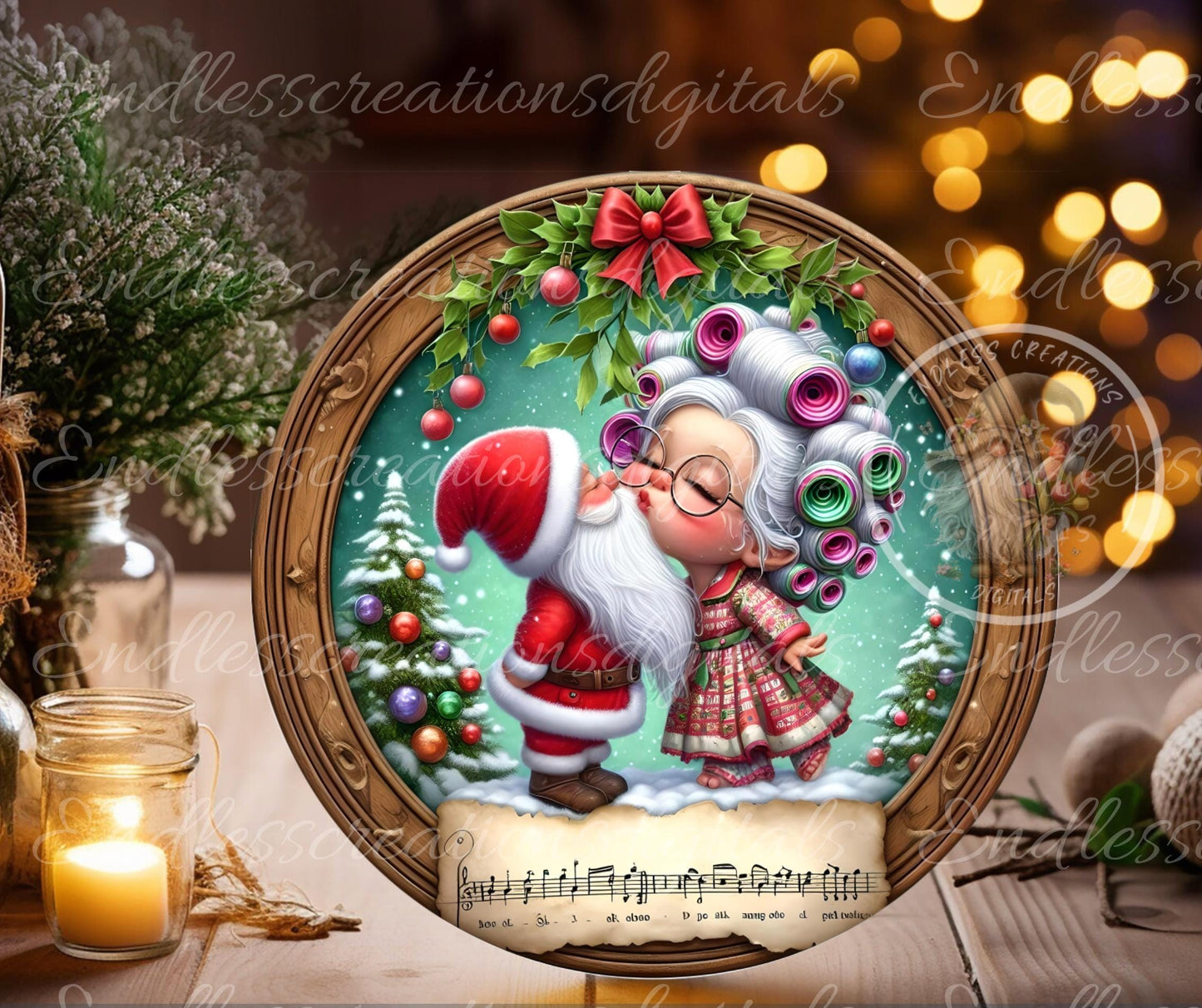 MOMMY KISSING SANTA Door Hanger, cutting board, ornament sublimation high resolution 2 files for download 1 add your own text Resize