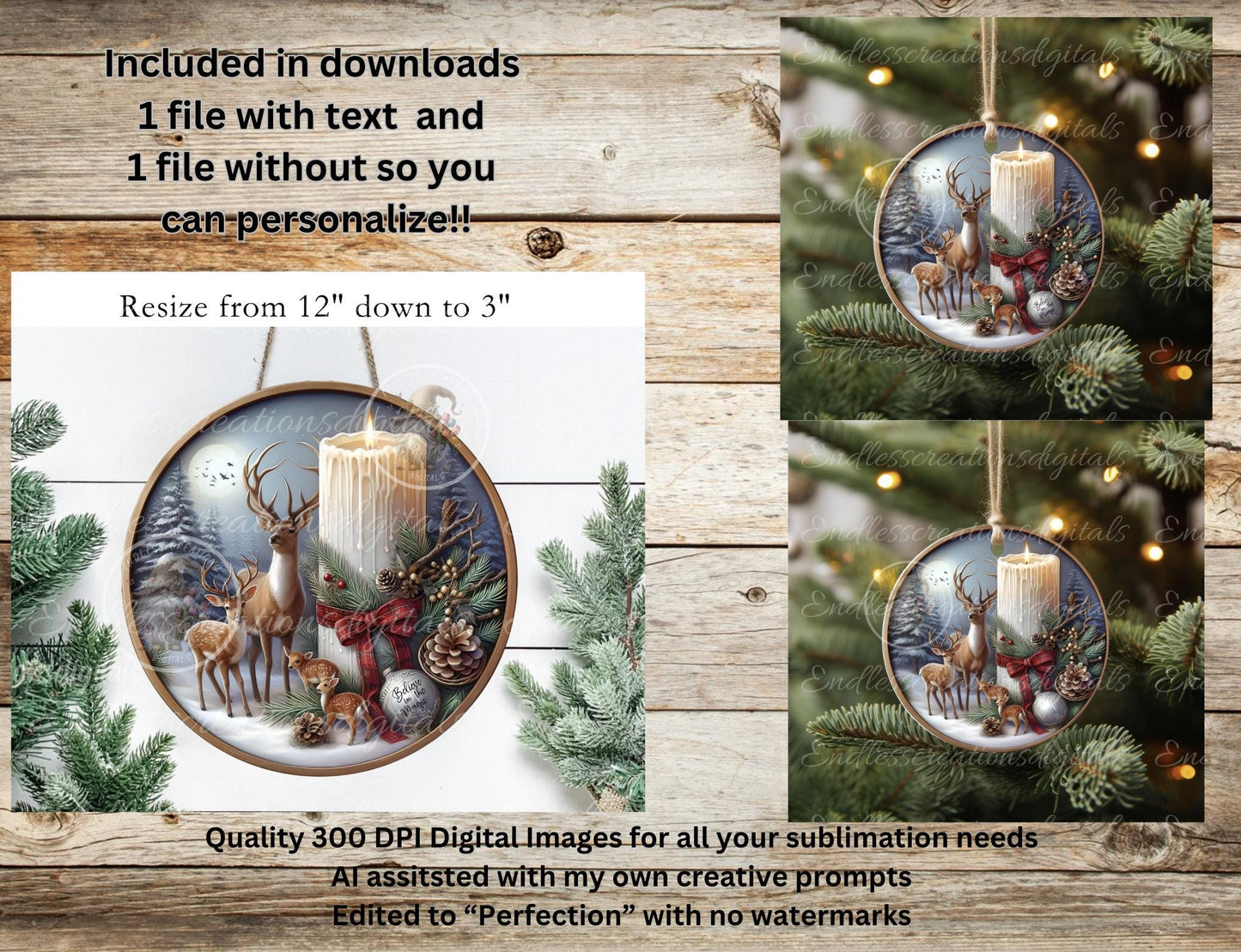 DEER CANDLE ROUND Door Hanger, cutting board, ornament sublimation high resolution 2 files for download 1 add your own text Resize