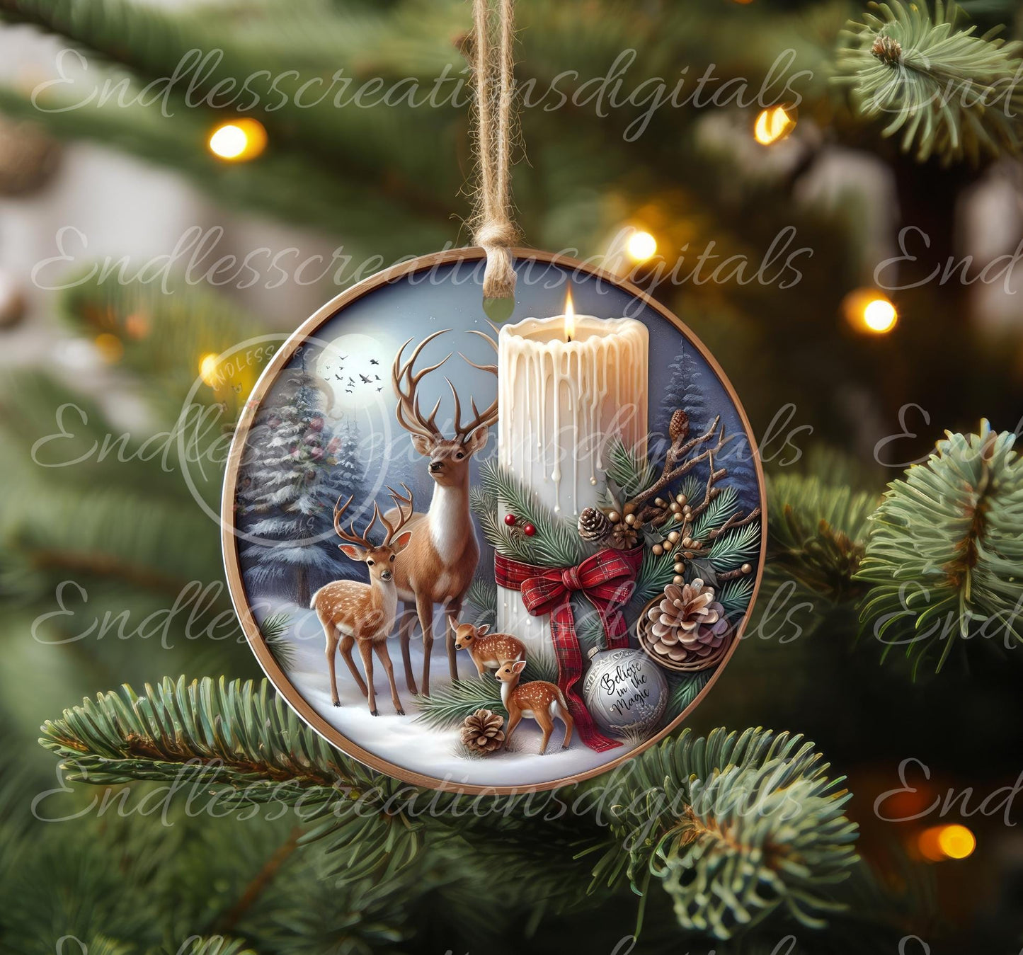 DEER CANDLE ROUND Door Hanger, cutting board, ornament sublimation high resolution 2 files for download 1 add your own text Resize