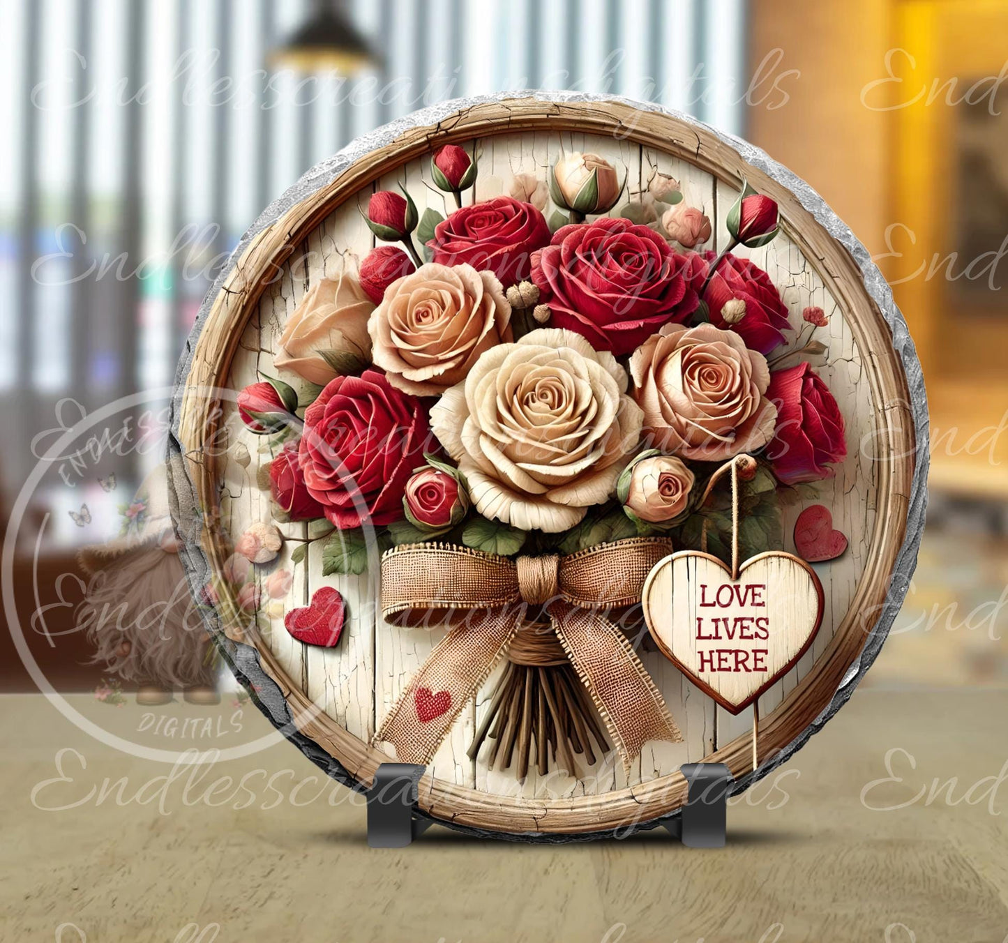LOVE LIVES HERE Valentines/Spring door hanger, keychain round slate, for sublimation high resolution can be resized, 2 files 1 blank,