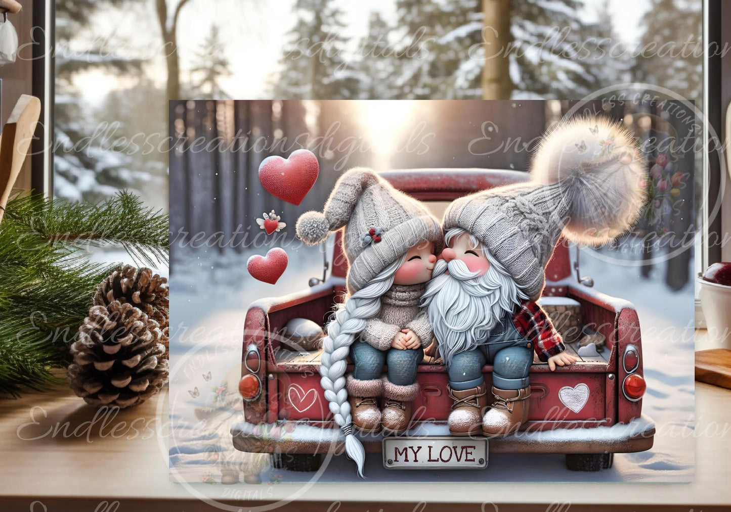 GNOME COUPLE LOVE VALENTINES Red Truck, digital download only, 2 files, 1 blank for your own text, 300 dpi