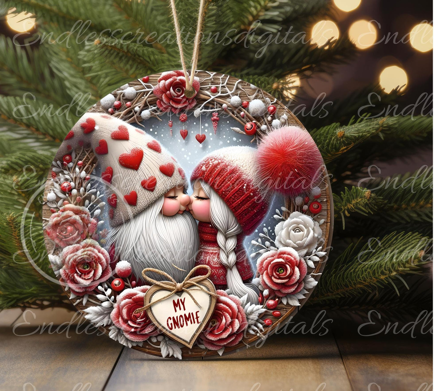 VALENTINES KISSING GNOMES door hanger keychain, round slate, for sublimation high resolution can be resized, 2 files 1 blank, resize