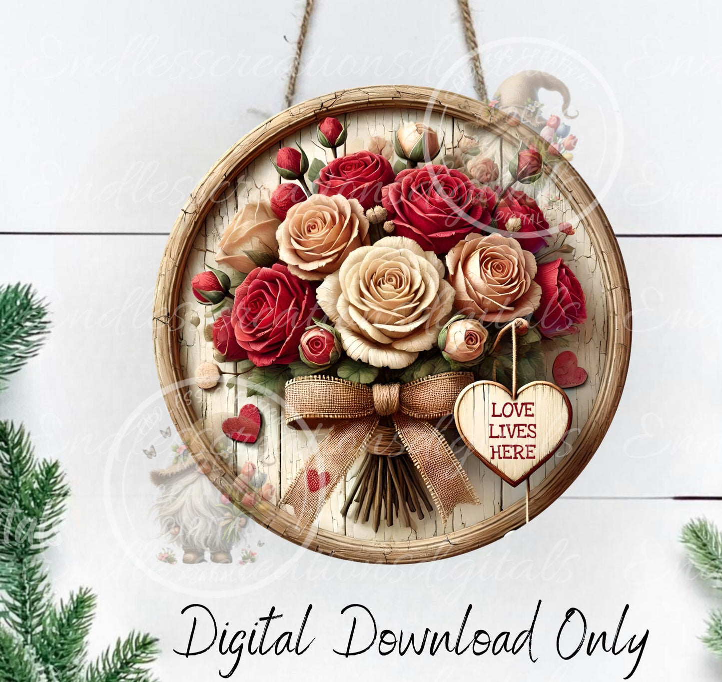 LOVE LIVES HERE Valentines/Spring door hanger, keychain round slate, for sublimation high resolution can be resized, 2 files 1 blank,