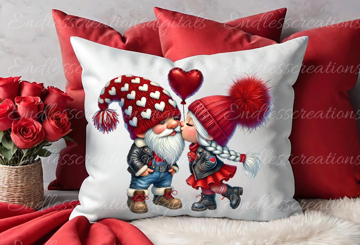 VALENTINES KISSING GNOMES Pillow covers, tea towel mugs plant pots etc. sublimation package of 5 300 Dpi, transparent, add your own text