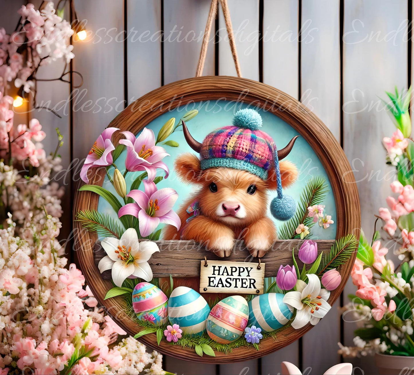 EASTER HIGHLAND BABY Cow Wreath Sign, door hanger windspinner slate for sublimation high resolution 2 files for download 1 add your own text