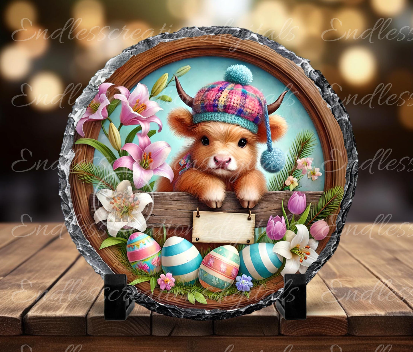 EASTER HIGHLAND BABY Cow Wreath Sign, door hanger windspinner slate for sublimation high resolution 2 files for download 1 add your own text