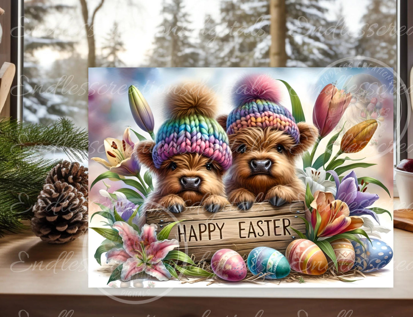 EASTER HIGHLAND COWS digital download only, can be sized for slates, cutting boards, tumblers 2 files, 1 blank for your own text