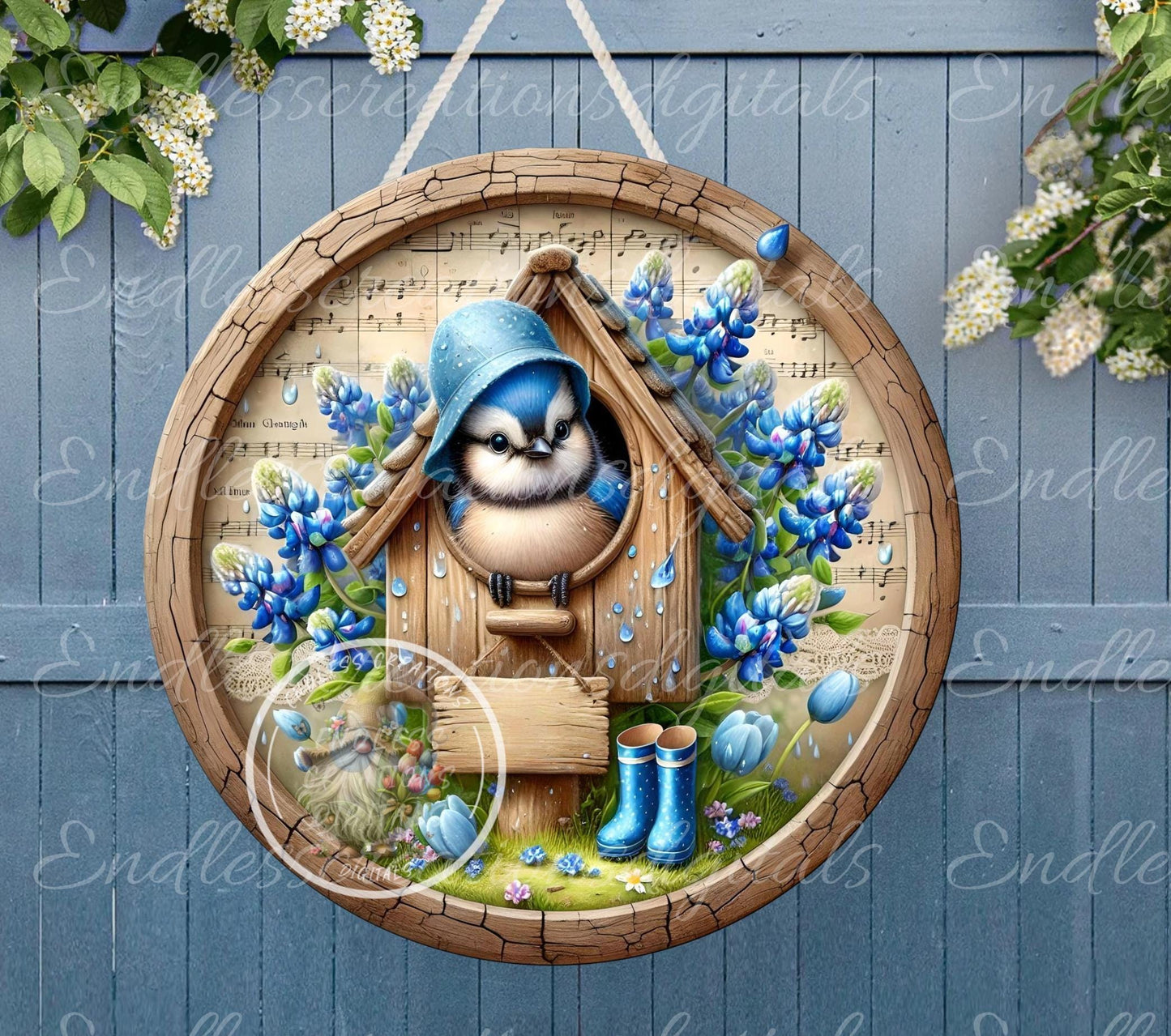 SPRING BABY BLUEJAYS Wreath Sign, door hanger, wind spinners, slate for sublimation high resolution 2 files for download 1 add your own text