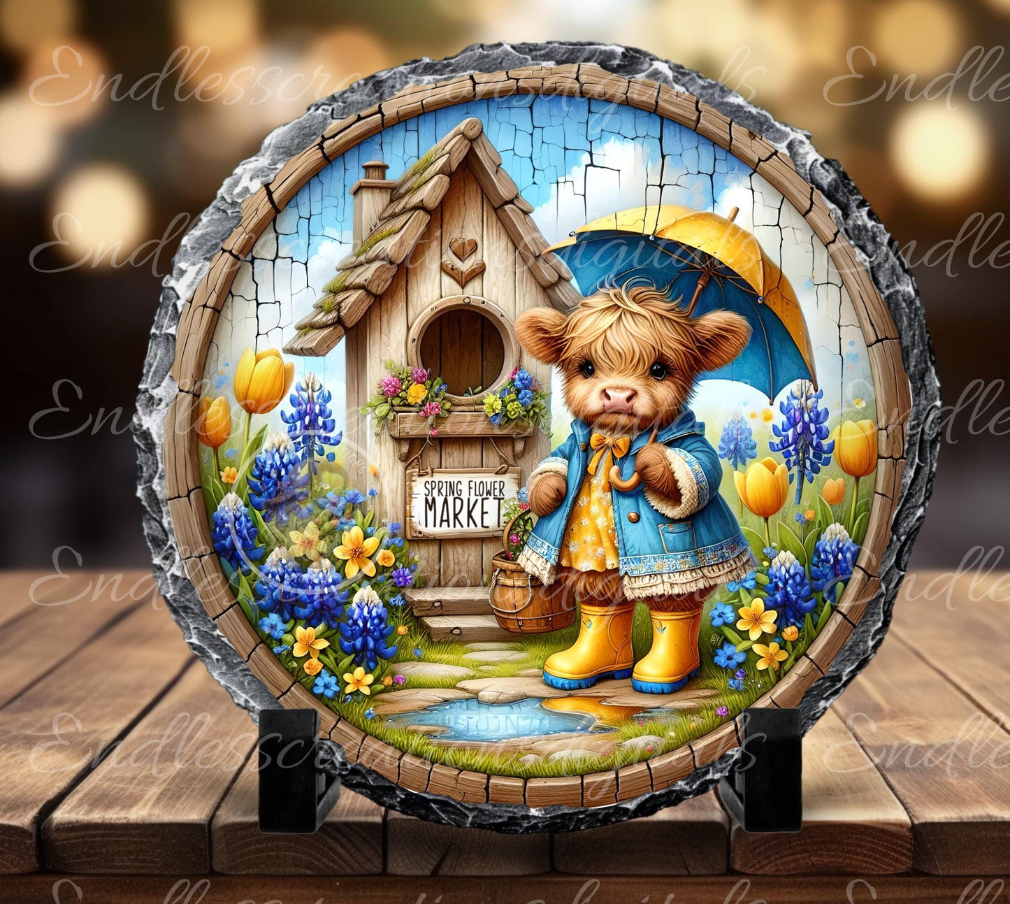 SPRING HIGHLAND COW Wreath Sign, door hanger, wind spinners, slate for sublimation high resolution 2 files for download 1 add your own text