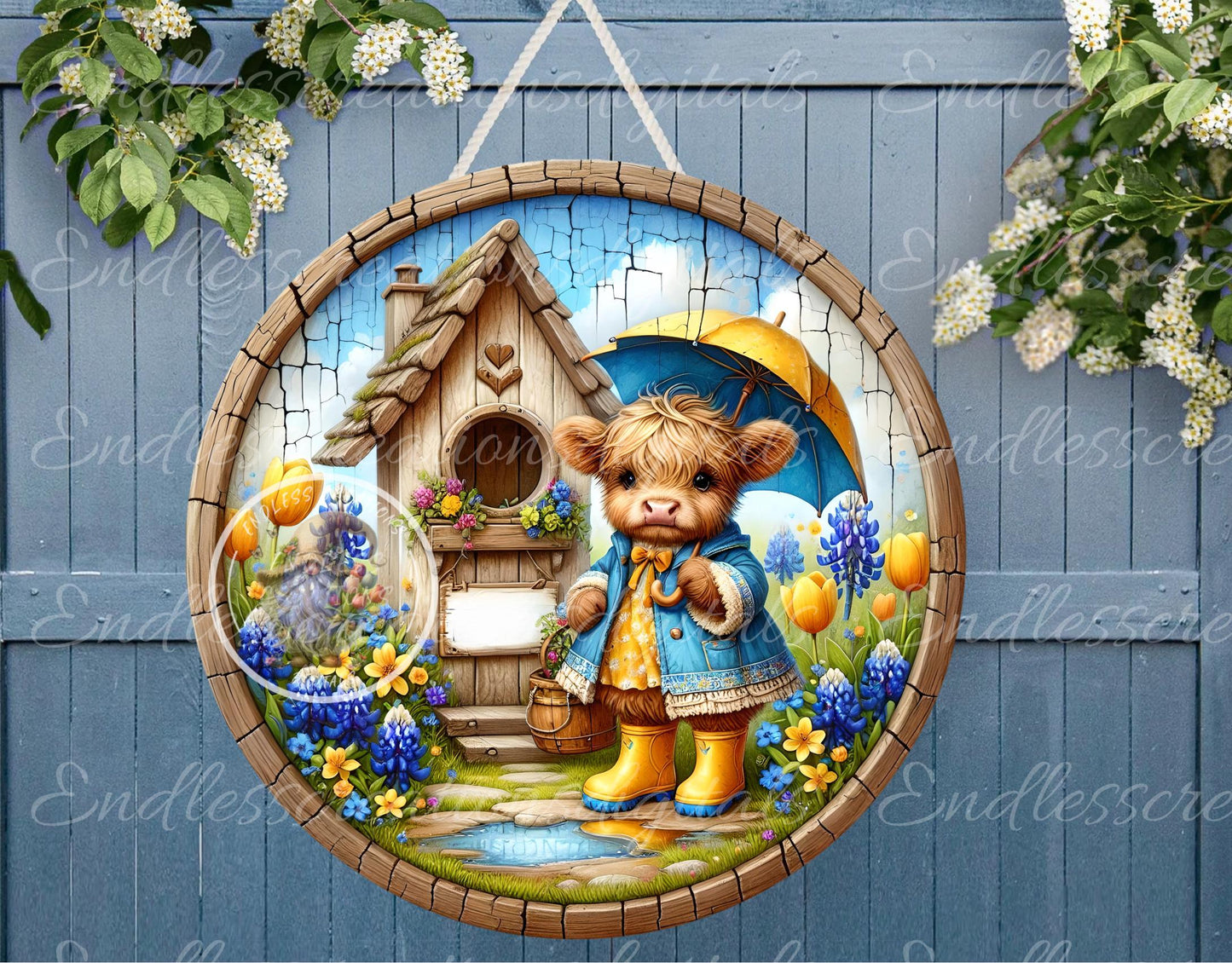 SPRING HIGHLAND COW Wreath Sign, door hanger, wind spinners, slate for sublimation high resolution 2 files for download 1 add your own text