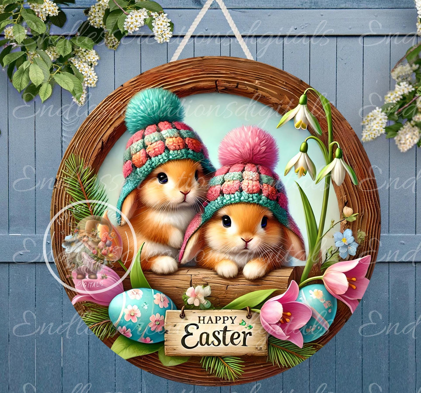 HAPPY EASTER BUNNIES Wreath Sign, door hanger, slate for sublimation high resolution 2 files for download 1 add your own text