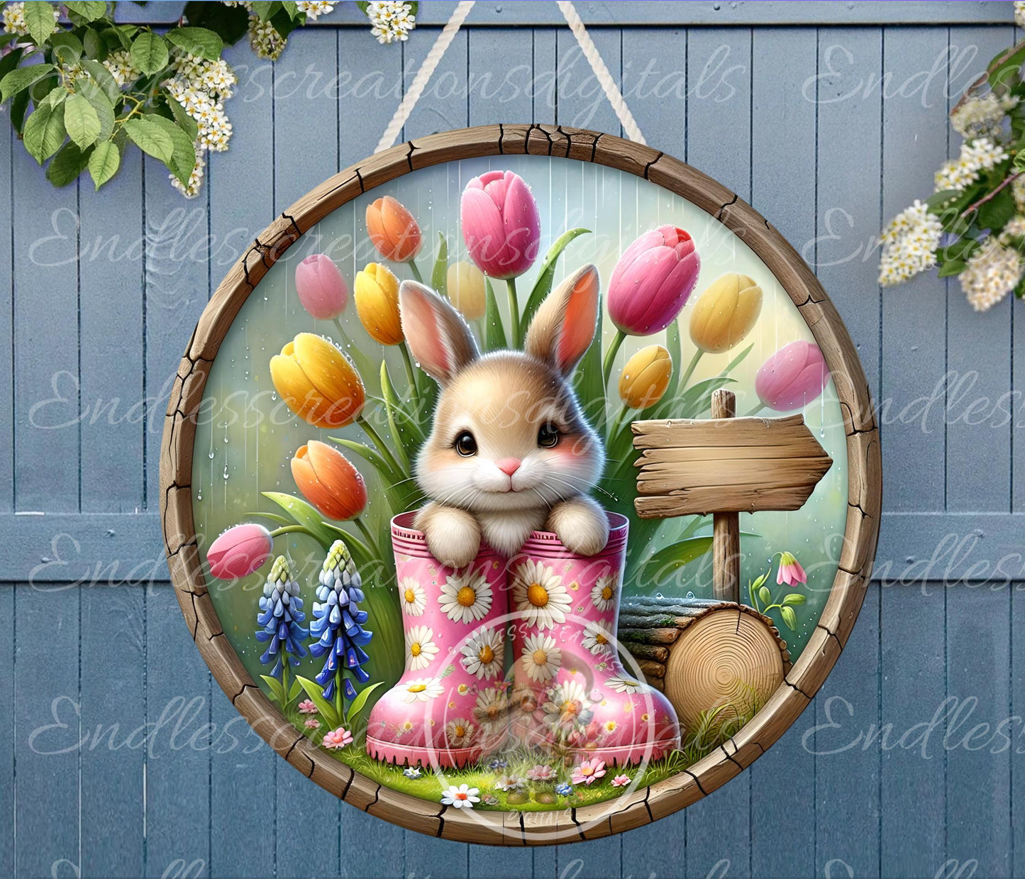 EASTER BABY BUNNY Spring Floral Wreath Sign, door hanger, slate for sublimation high resolution 2 files for download 1 add your own text