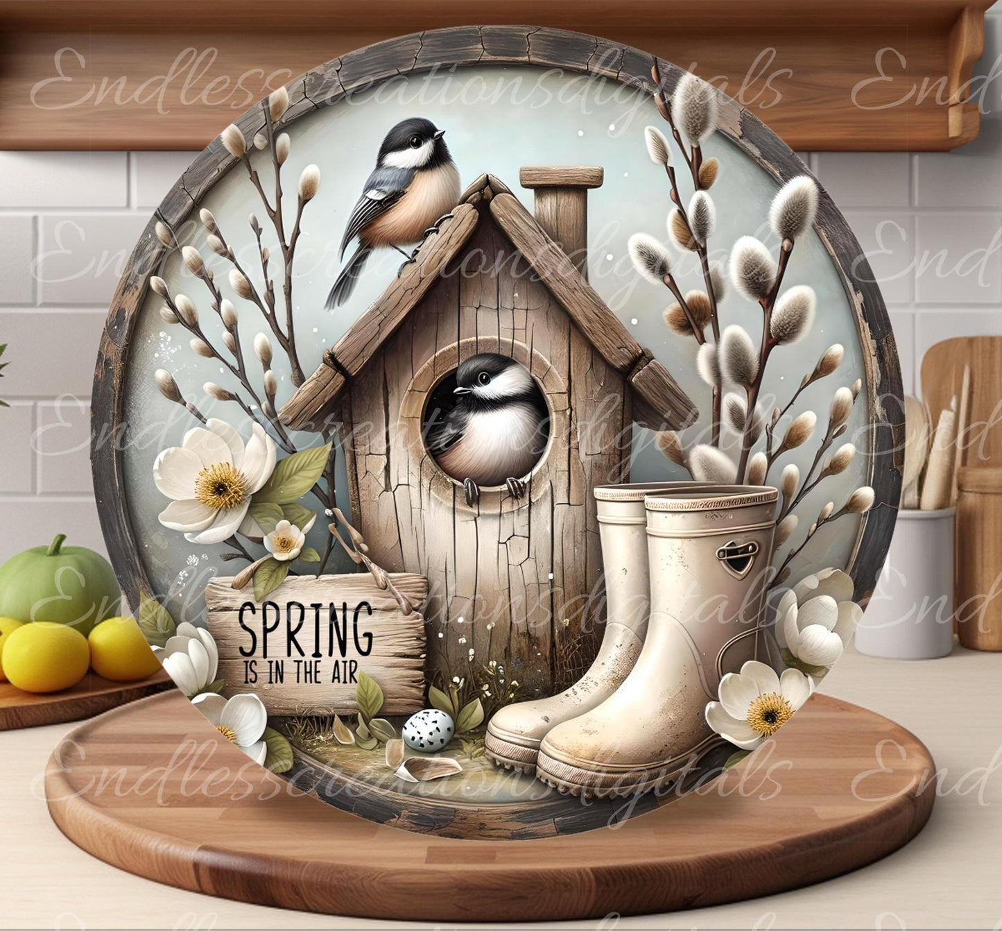 SPRING RUSTIC CHICKADEES Wreath Sign, door hanger, Cutting Board, slate for sublimation, 300 dpi 2 files for download 1 add your own text