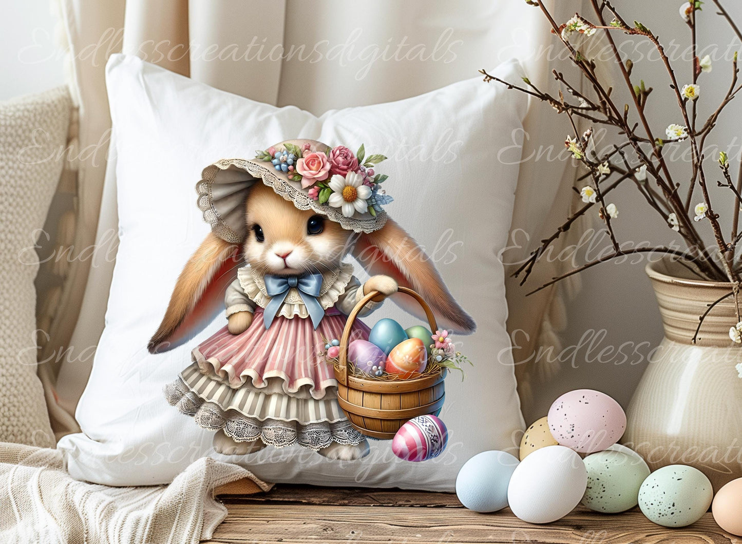 EASTER GIRL BUNNY, Pillow covers, tea towel mugs, plant pots etc sublimation package of 5, 300 Dpi high quality png files for download