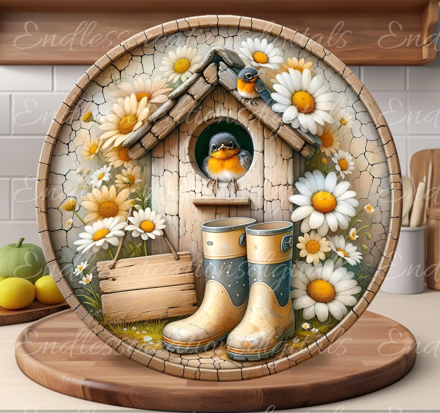 SPRING ROBIN DAISY Wreath Sign, door hanger Cutting Board slate for sublimation 300 dpi 2 files for download 1 blank to add own text