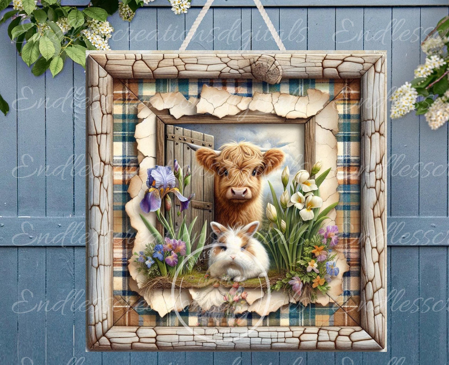 SPRING COW BUNNY Wreath Sign, door hanger, Cutting Board, slate for sublimation, 300 dpi 1 file for download can be resized from 3 to 12"