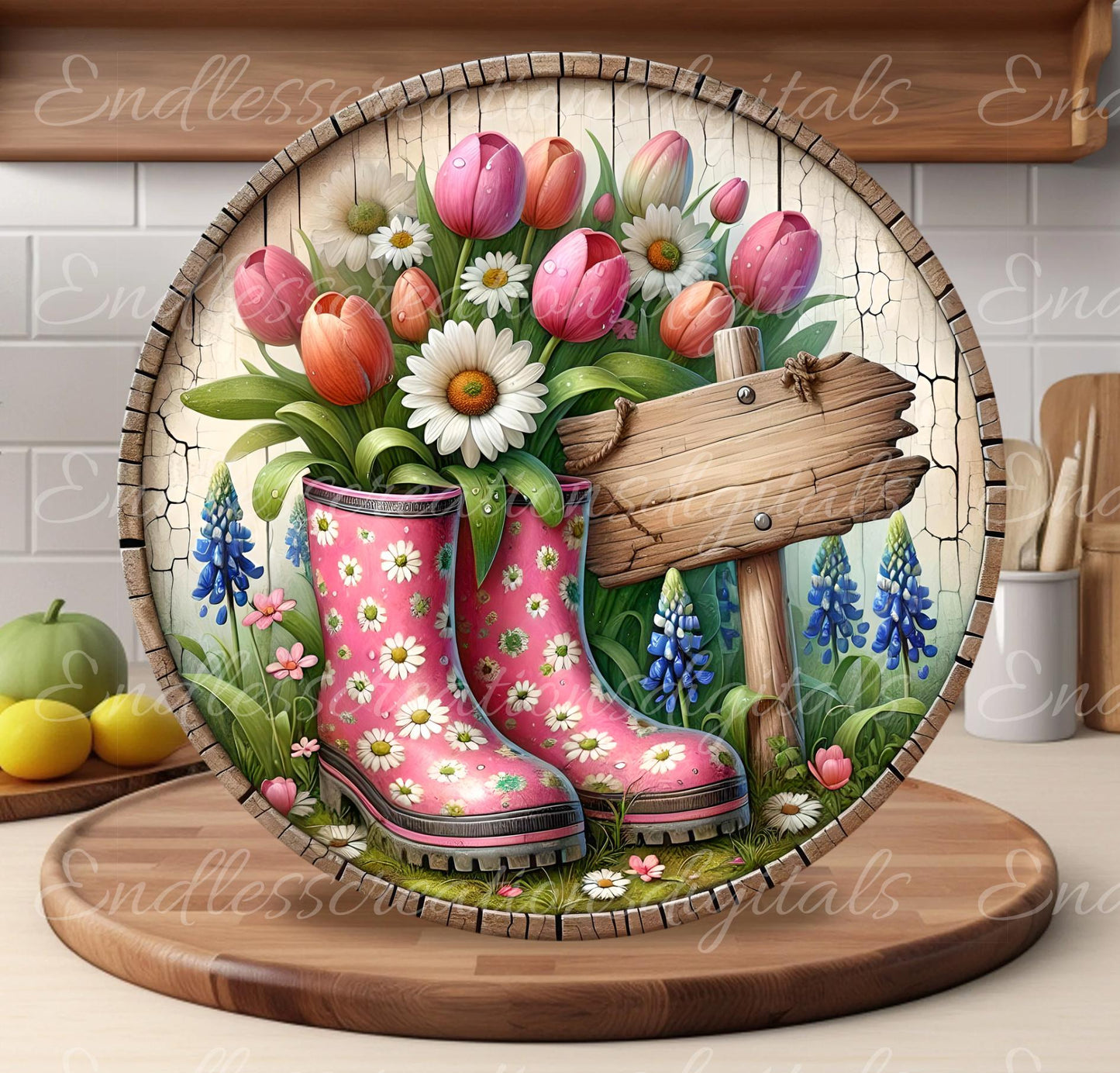 SPRING FLORAL RAINBOOTS Wreath Sign, door hanger Cutting Board slate for sublimation 300 dpi 2 files for download 1 blank to add own text