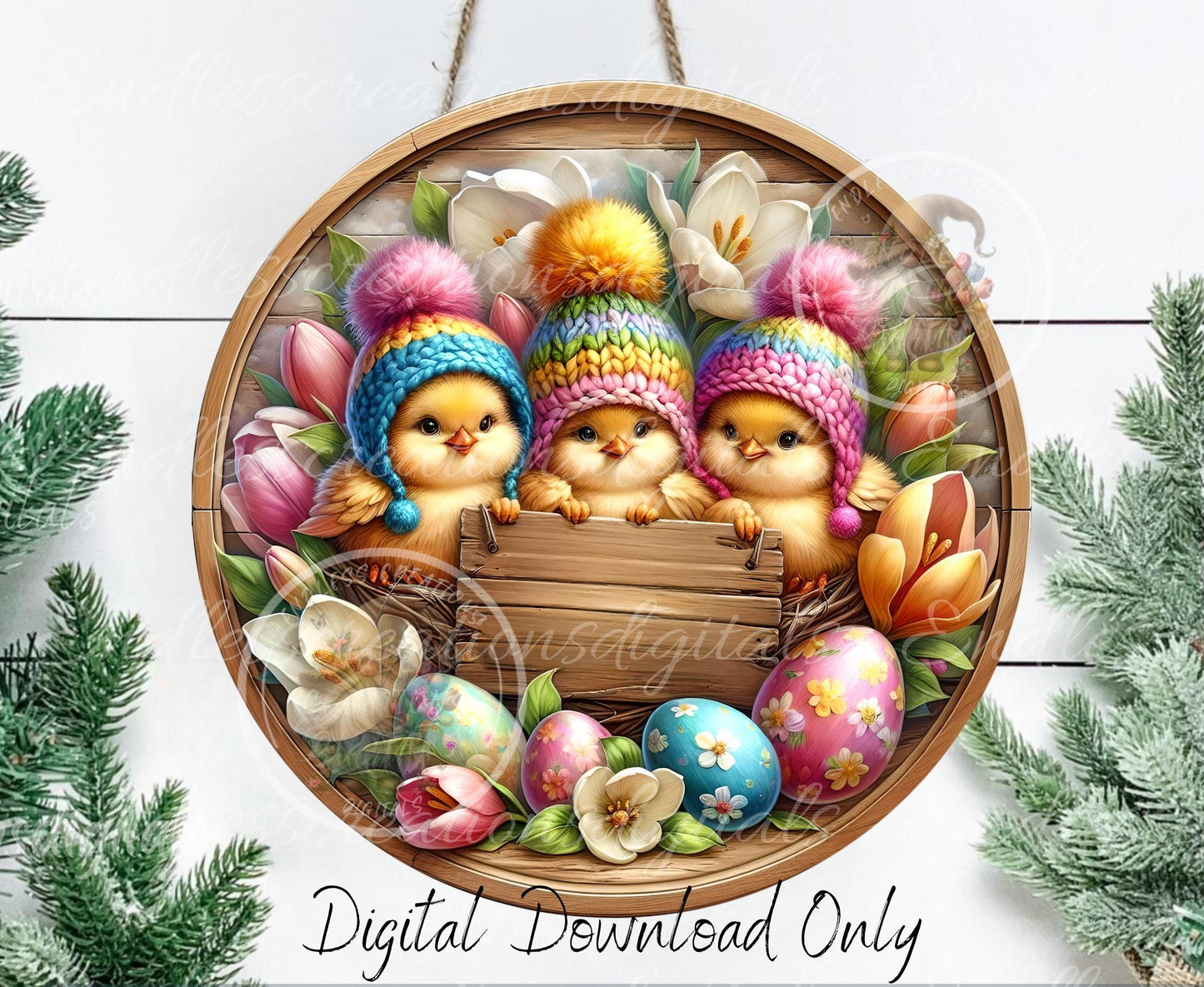 EASTER BABY CHICS Wreath Sign, door hanger, slate for sublimation high resolution 2 files for download 1 add your own text