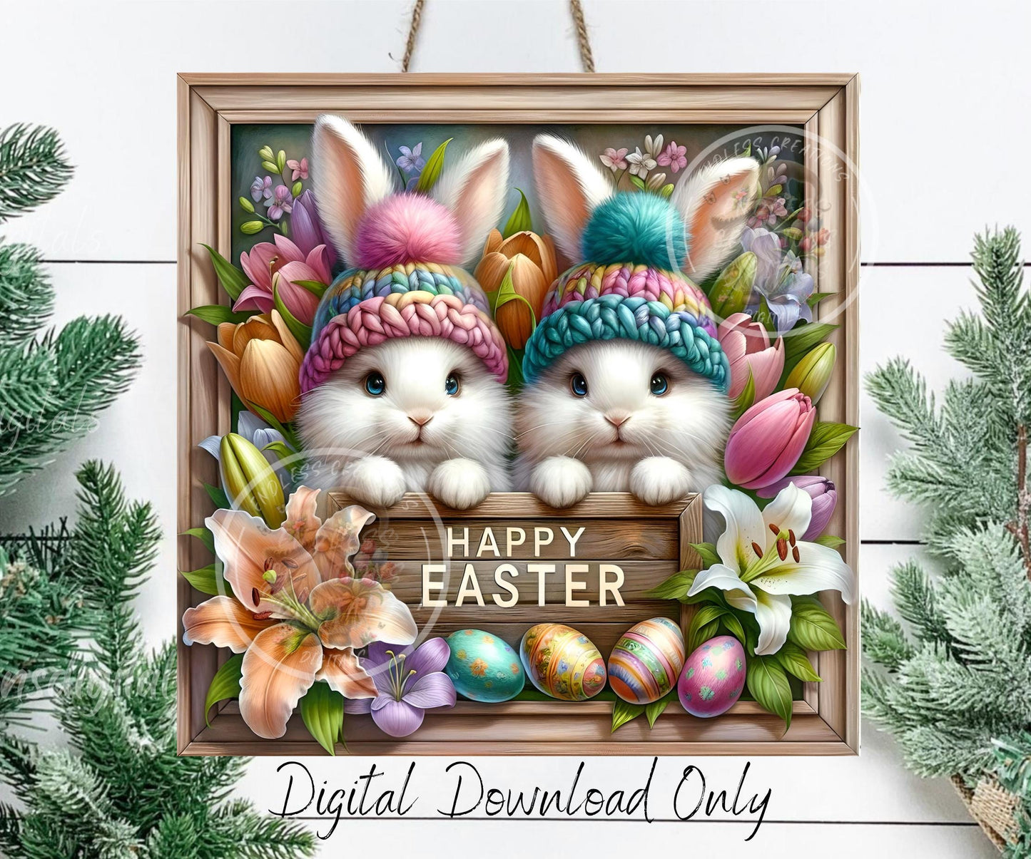 SQUARE EASTER BUNNIES Wreath Sign, door hanger, slate for sublimation high resolution 2 files for download 1 add your own text