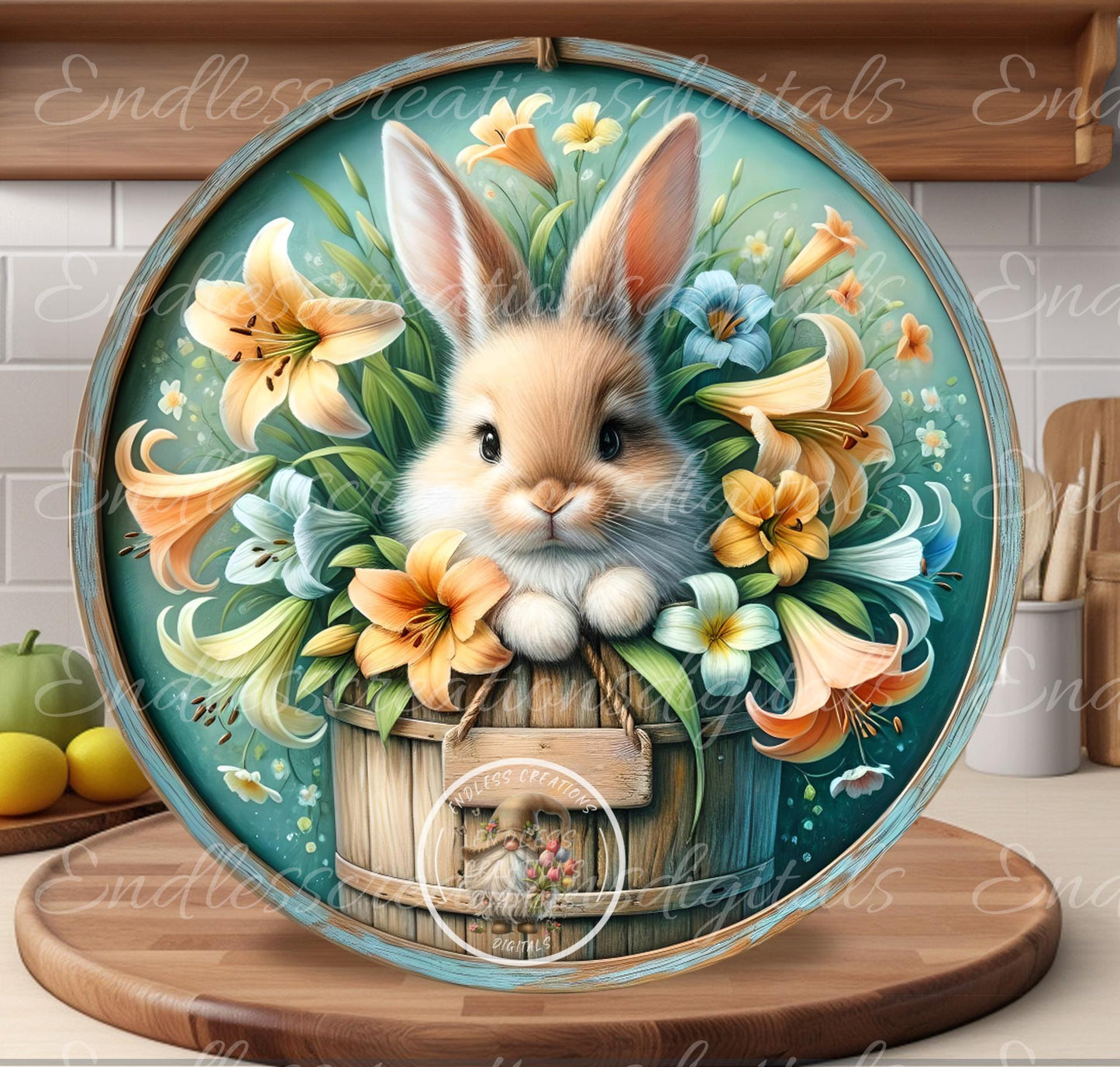 SPRING LILY BUNNY Wreath Sign, door hanger, slate, wind spinners for sublimation high resolution, 2 files for download, 1 blank