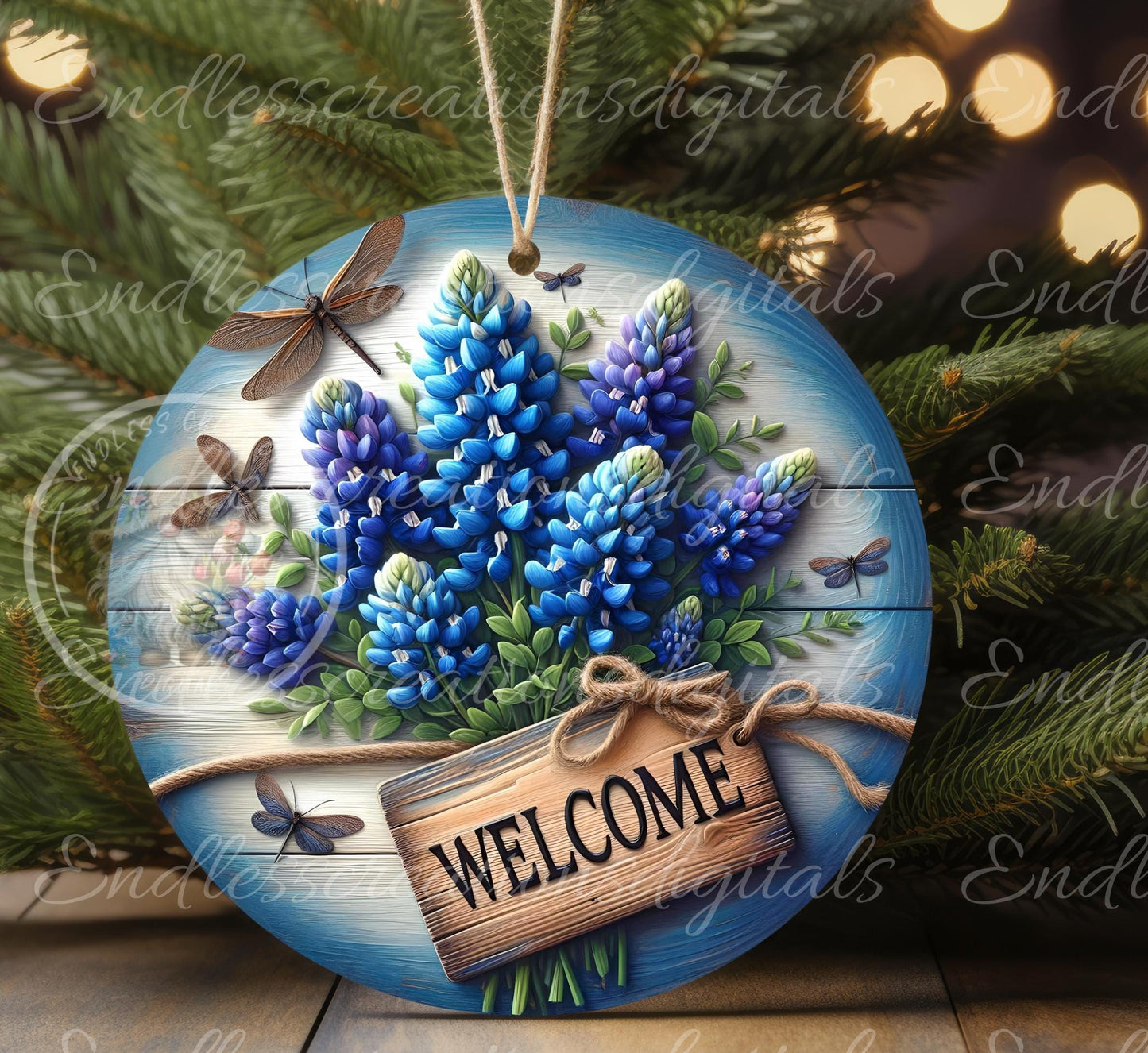 WELCOME BLUEBONNETS SPRING door hanger, keychain, round slate, for sublimation high resolution can be resized, 2 files 1 blank, resize