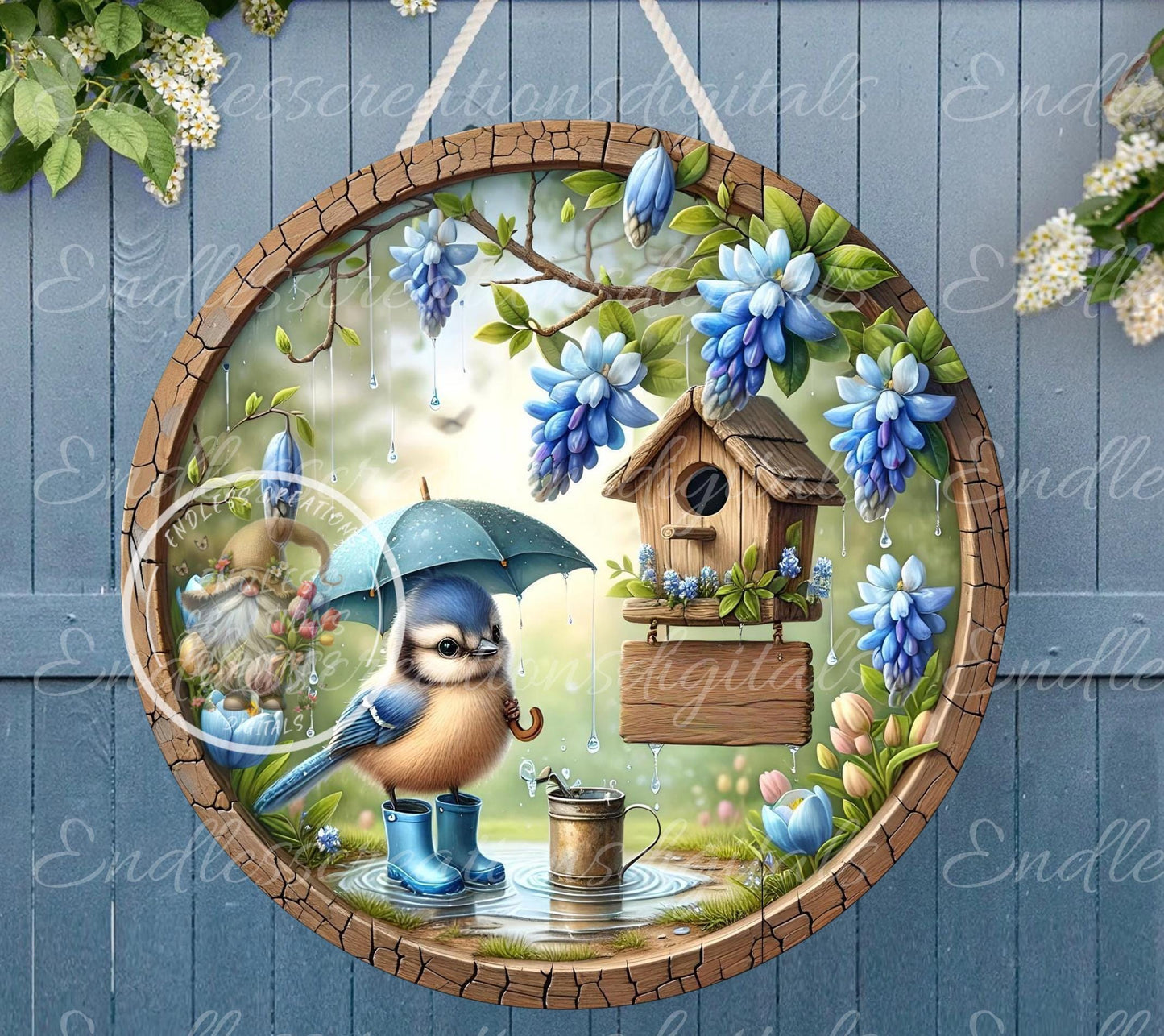 SPRING BABY BLUEJAYS Wreath Sign, door hanger, wind spinners, slate for sublimation high resolution 2 files for download 1 add your own text