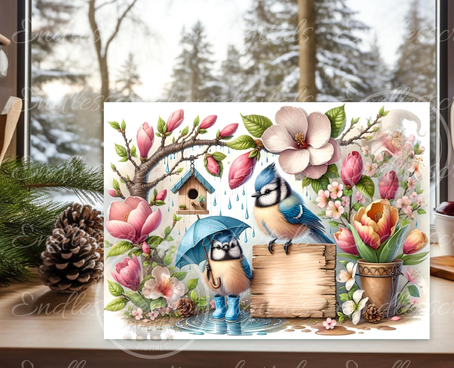 SPRING BABY BLUE Jays digital download only, can be sized for slates, cutting boards, tumblers 2 files, 1 blank for your own text