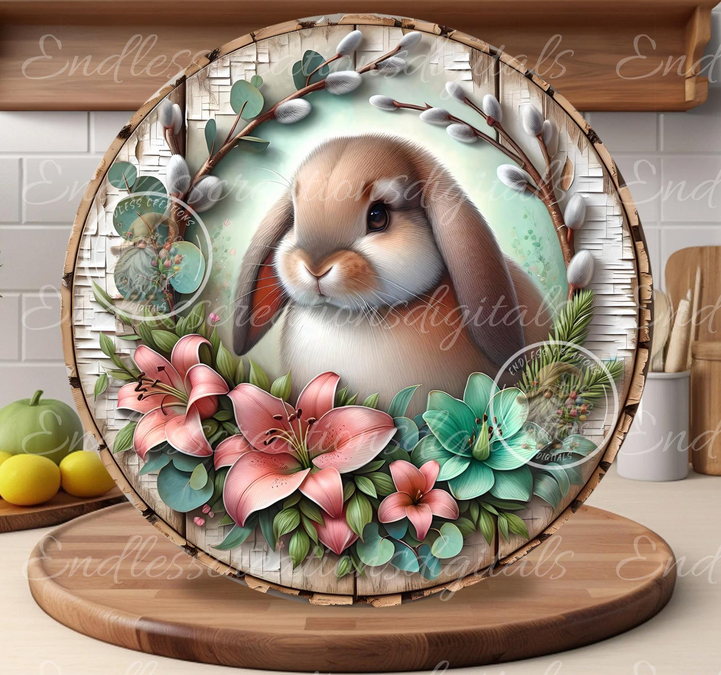 SPRING EASTER RABBIT and Lilies Floral Wreath Sign, door hanger, slate, wind spinner for sublimation high resolution 1 file for download