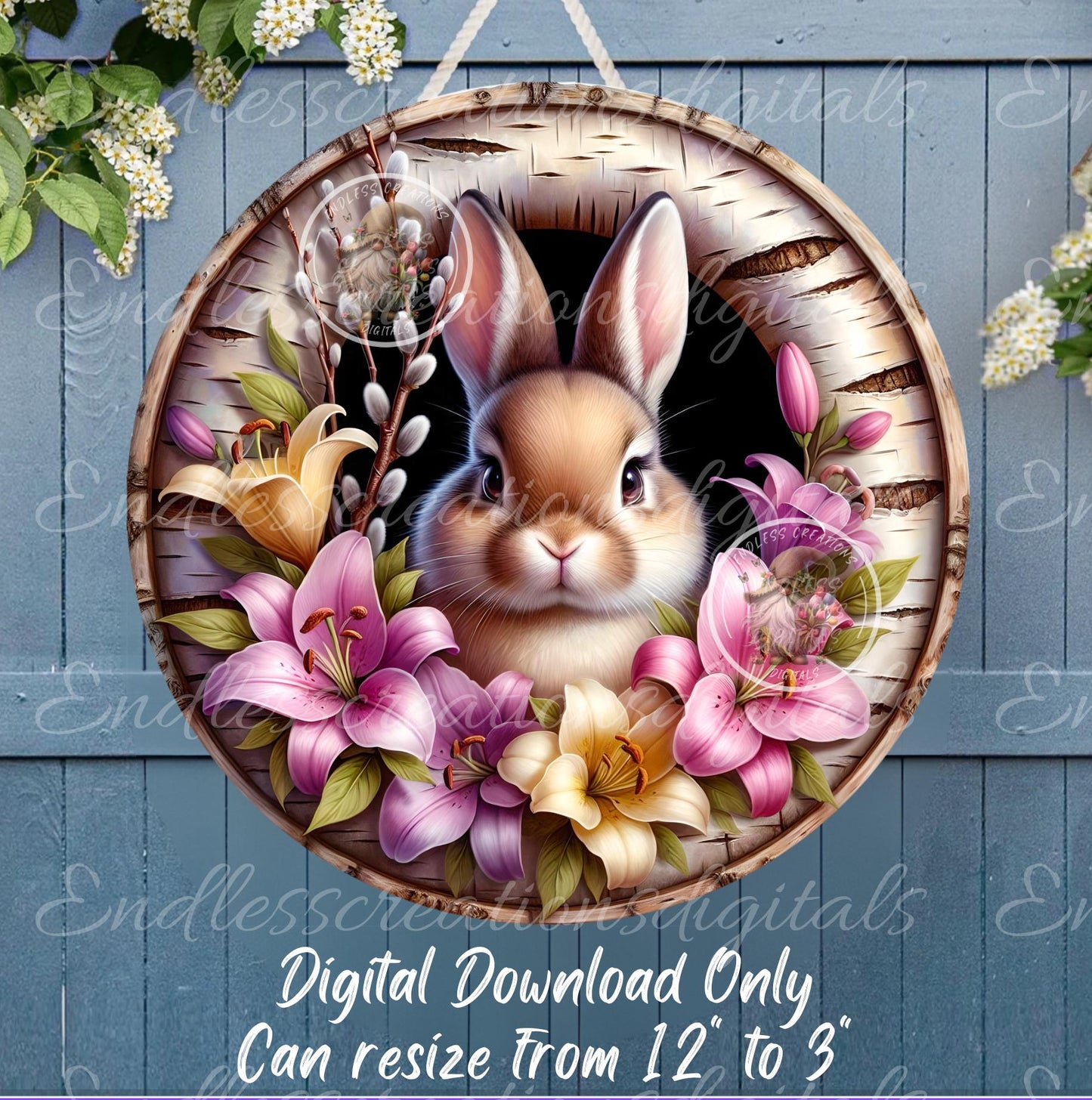 SPRING EASTER RABBIT and Lilies Floral Wreath Sign, door hanger, slate, wind spinner for sublimation high resolution 1 file for download