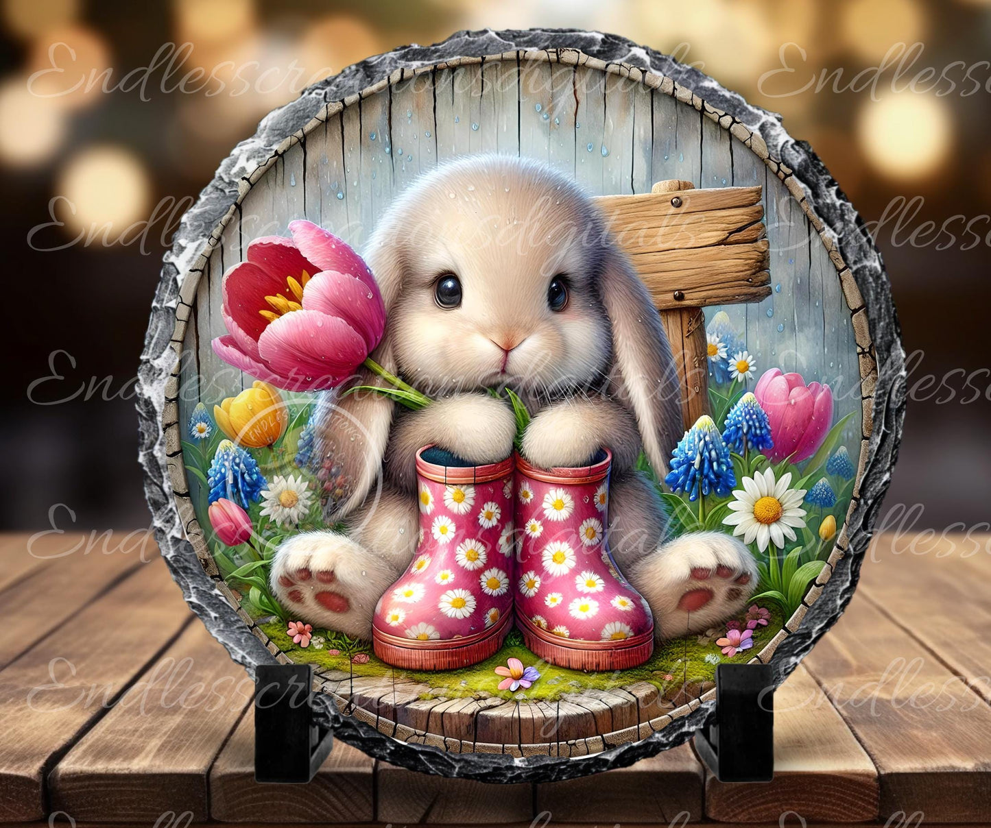 EASTER LOP BUNNY Spring Floral Wreath Sign, door hanger, slate for sublimation high resolution 2 files for download 1 add your own text