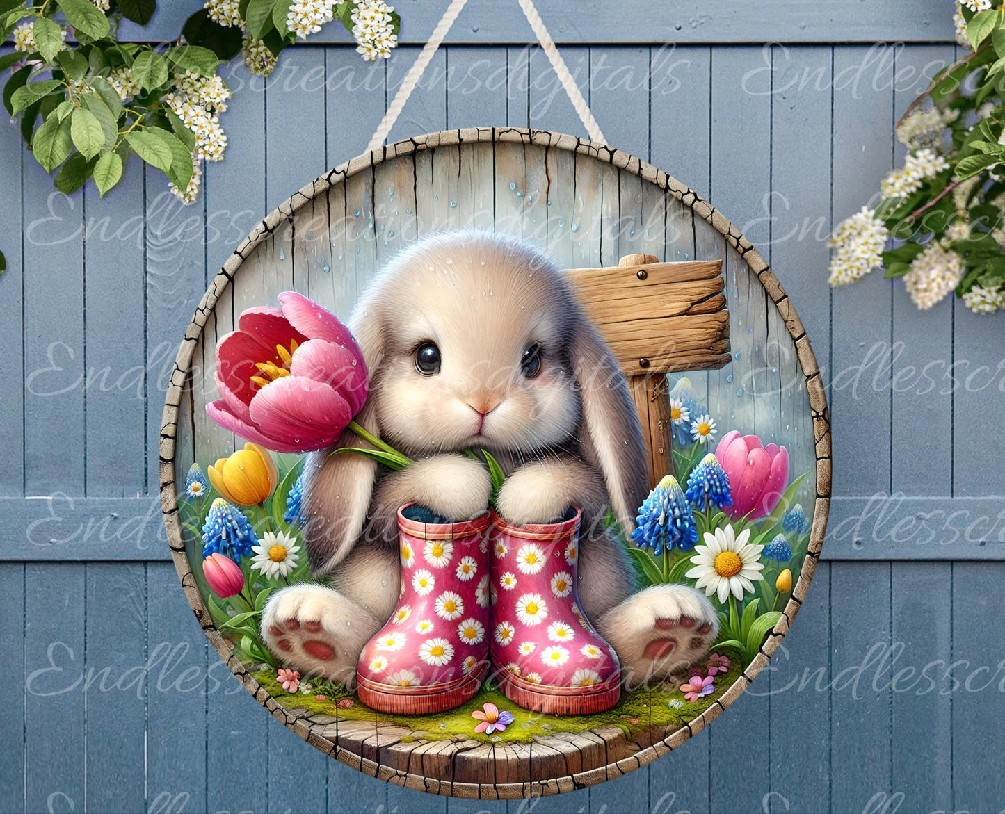 EASTER LOP BUNNY Spring Floral Wreath Sign, door hanger, slate for sublimation high resolution 2 files for download 1 add your own text