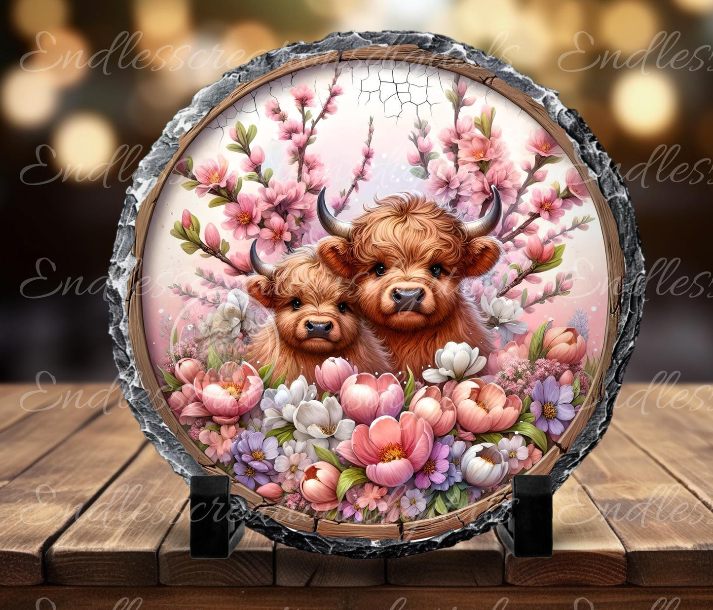 SPRING FLORAL HIGHLAND Wreath Sign door hanger wind spinners, slate for sublimation high resolution 2 files for download 1 add your own text