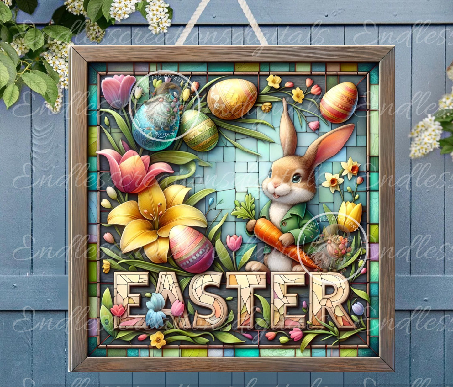 STAINED GLASS LOOK Easter Bunny Square Wreath Sign, door hanger, slate, cutting board for sublimation high resolution 1 file for download