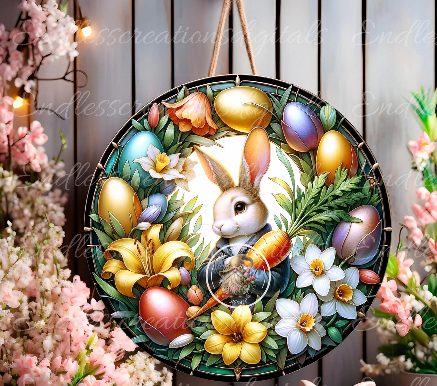EASTER BUNNY FLORAL Stained Glass Look