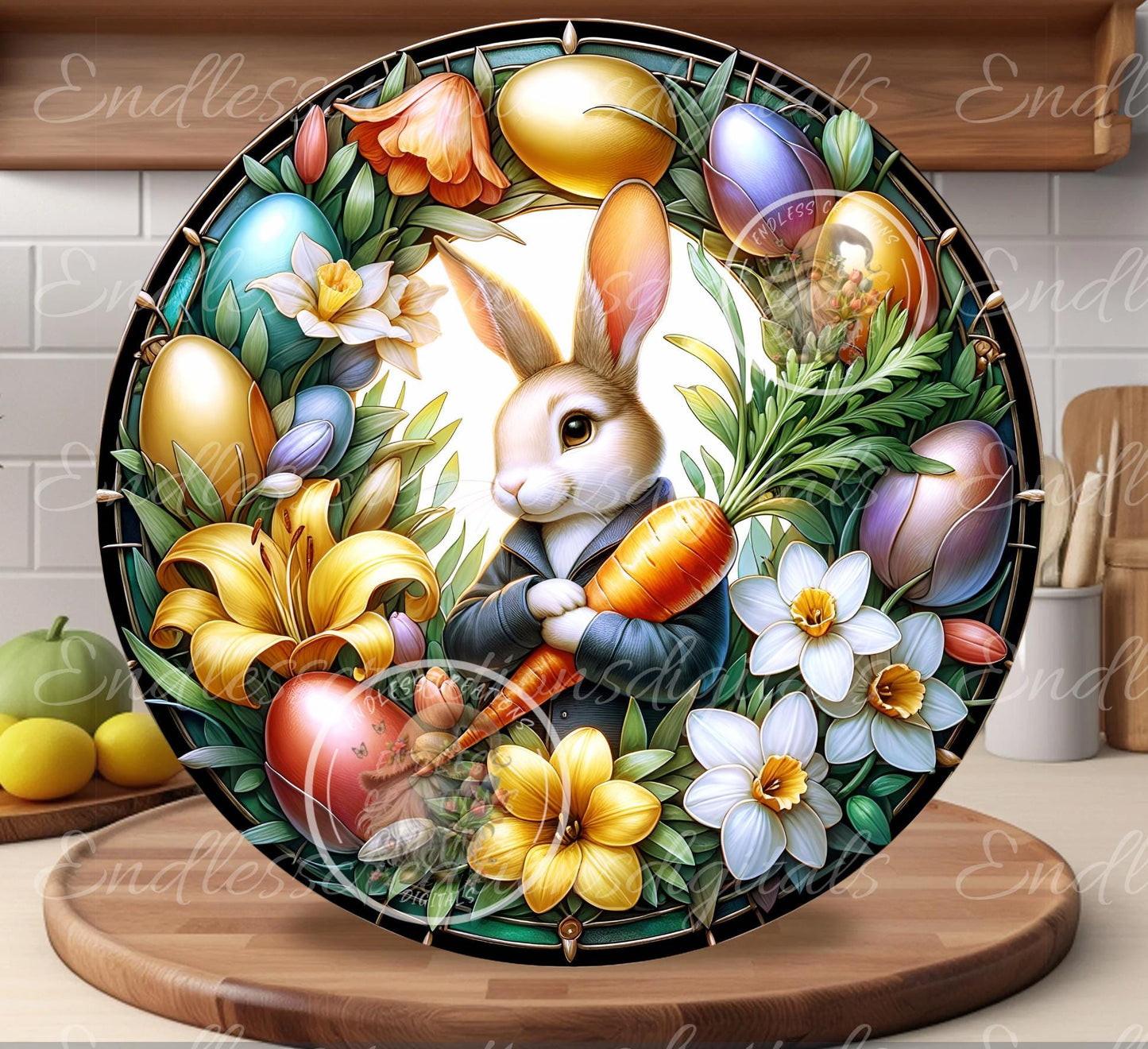 EASTER BUNNY FLORAL Stained Glass Look