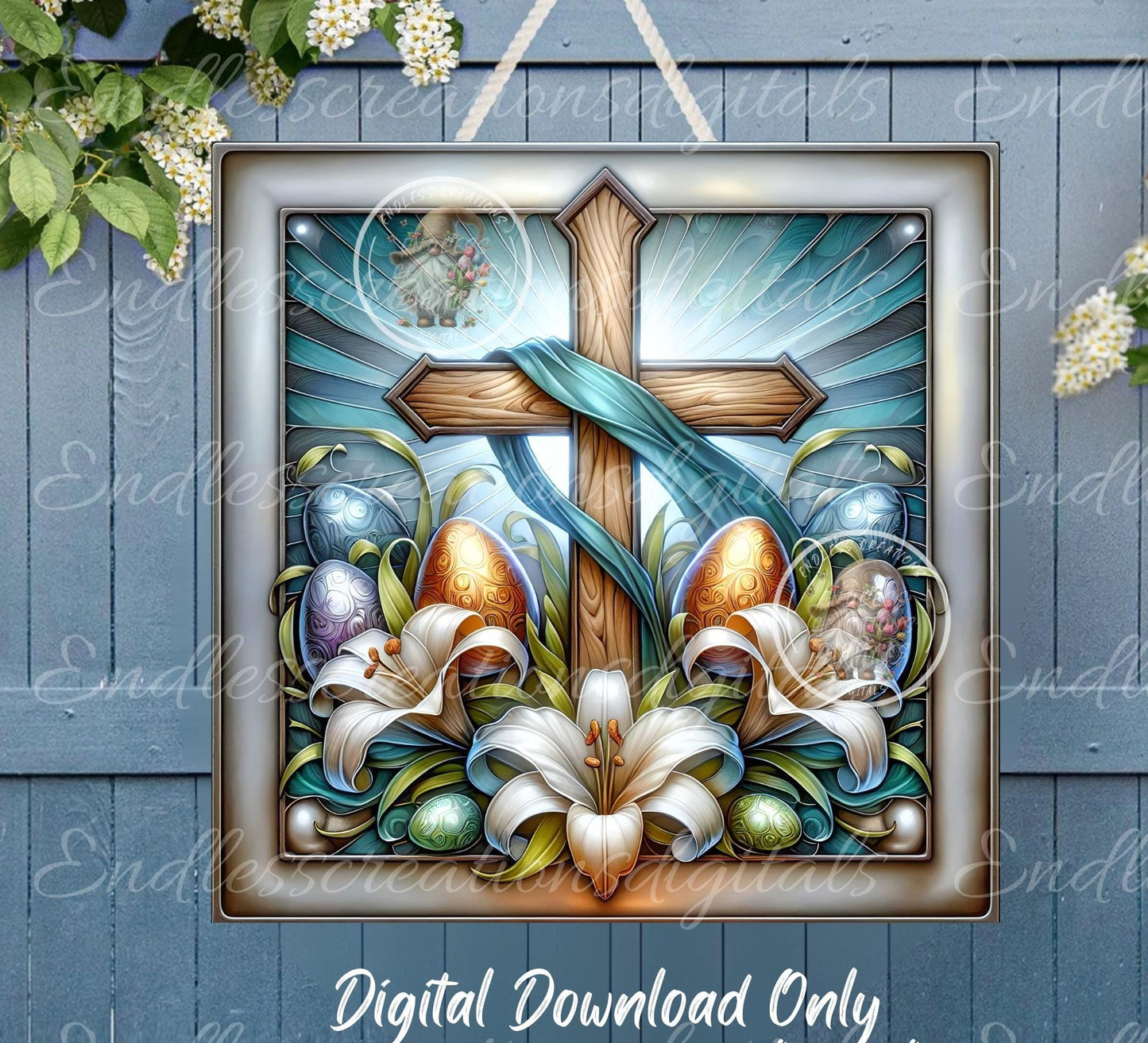 SQUARE EASTER FLORAL Cross Stained Glass Look
