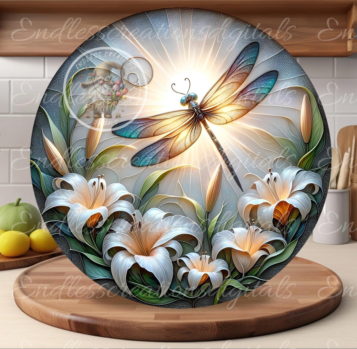 WHITE LILY DRAGONFLY SPRING Stained Glass Look