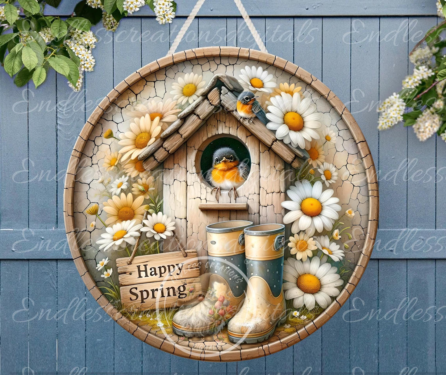 SPRING ROBIN DAISY Wreath Sign, door hanger Cutting Board slate for sublimation 300 dpi 2 files for download 1 blank to add own text