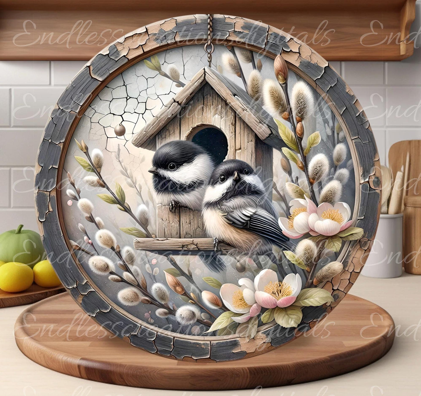 SPRING CHICKADEES Wreath Sign, door hanger, Cutting Board, slate for sublimation, 300 dpi 1 file for download can be resized from 3 to 12"