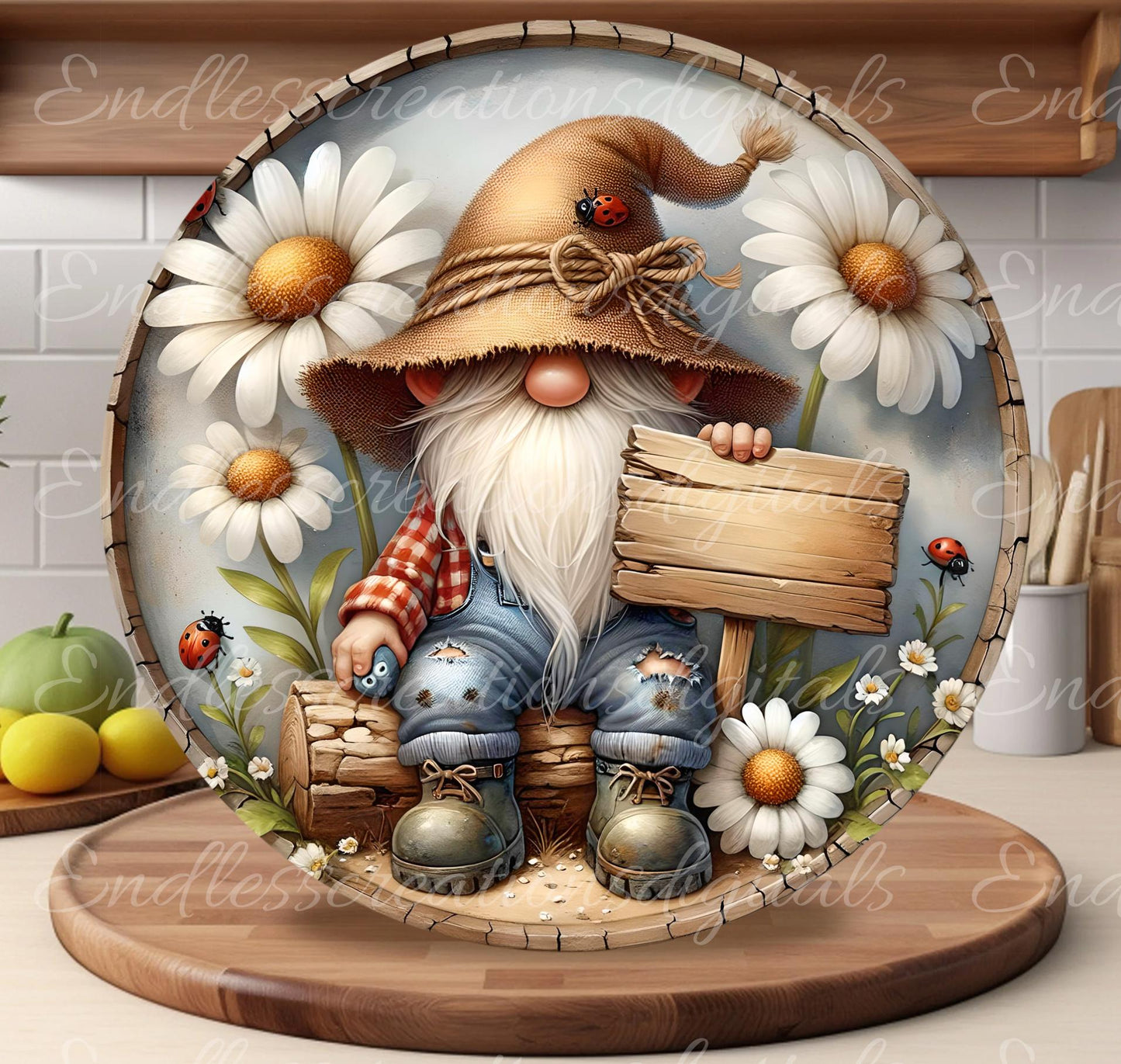 DASIY LADYBUG GNOME SPRING SUMMER Wreath Sign, door hanger, Cutting Board, slate, for sublimation 300 dpi 2 files for download 1 blank to add own text