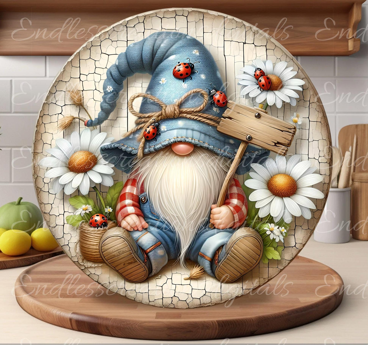 LADYBUG DASIY GNOME SPRING/SUMMER Wreath Sign, door hanger, Cutting Board, slate, for sublimation 300 dpi 2 files for download 1 blank to add own text