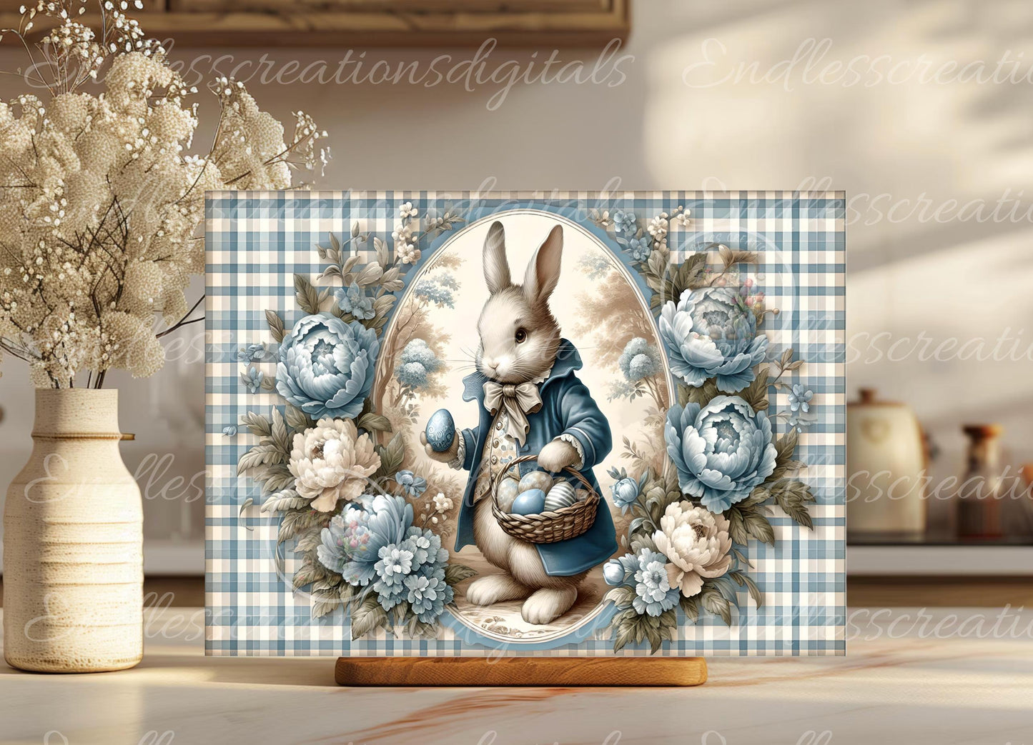 BLUE GINGHAM VINTAGE EASTER RABBIT CUTTING BOARD