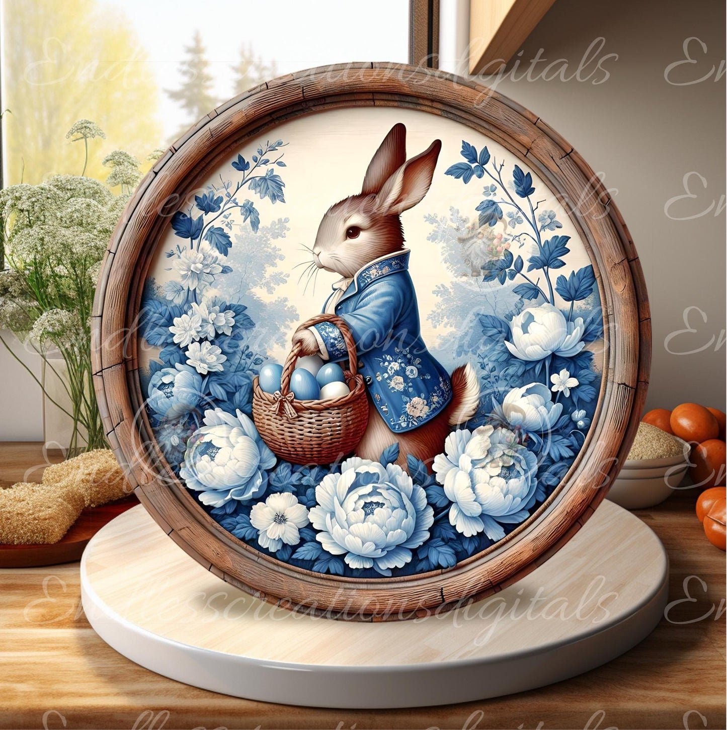 BLUE PEONY VINTAGE EASTER Rabbit Round
