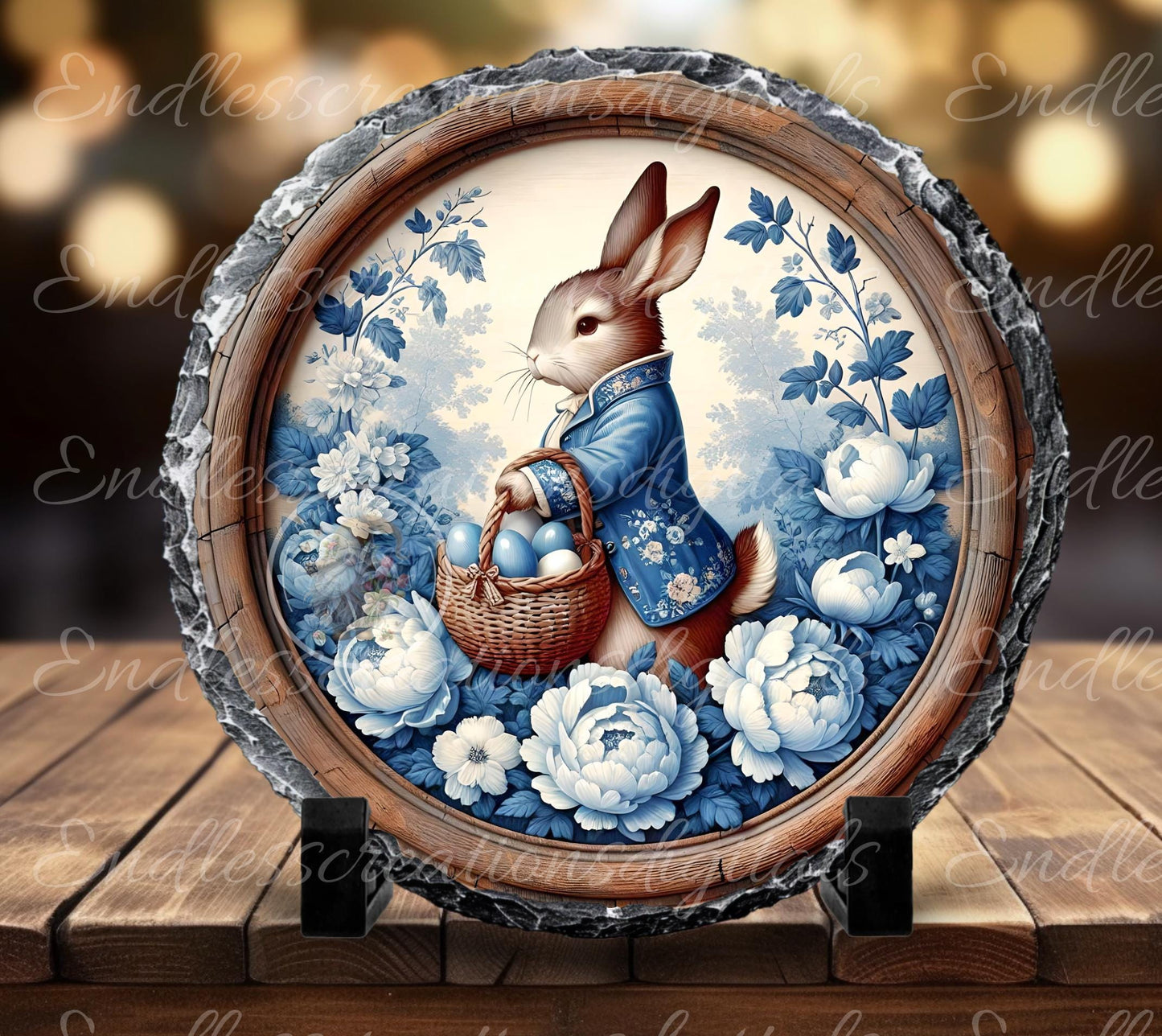BLUE PEONY VINTAGE EASTER Rabbit Round