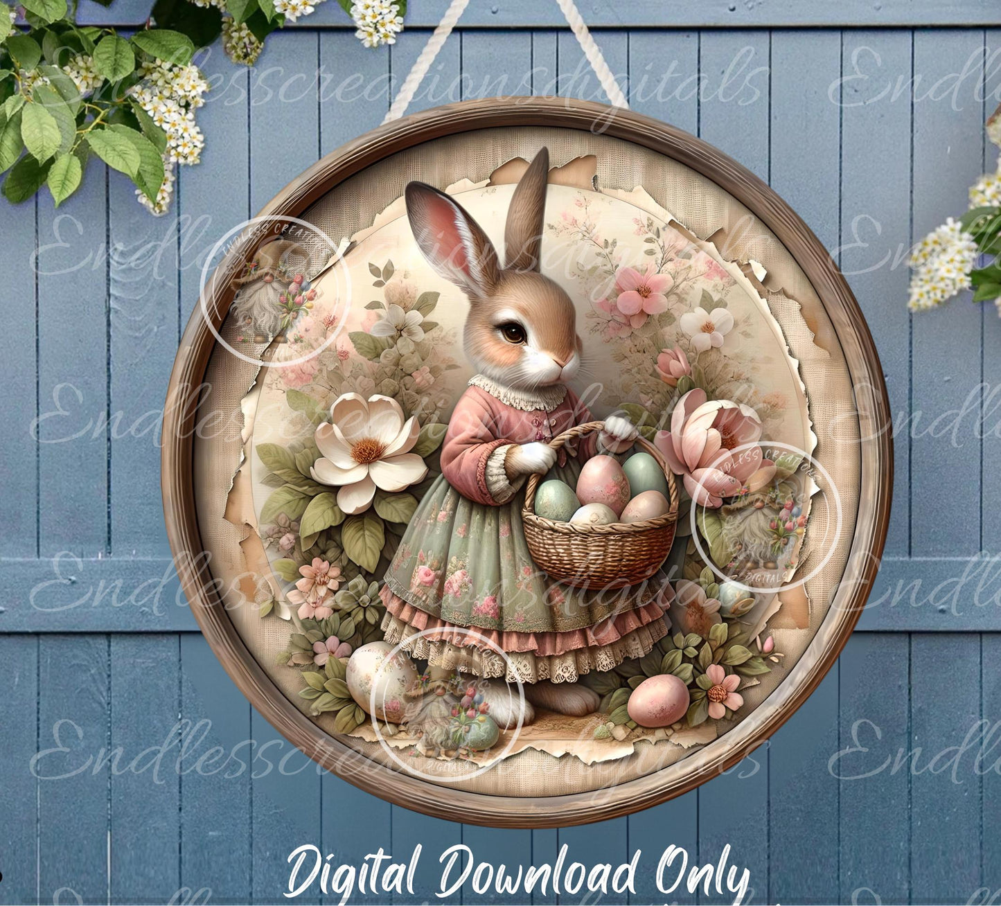 PINK MOSS GREEN Vintage Girl Bunny Round